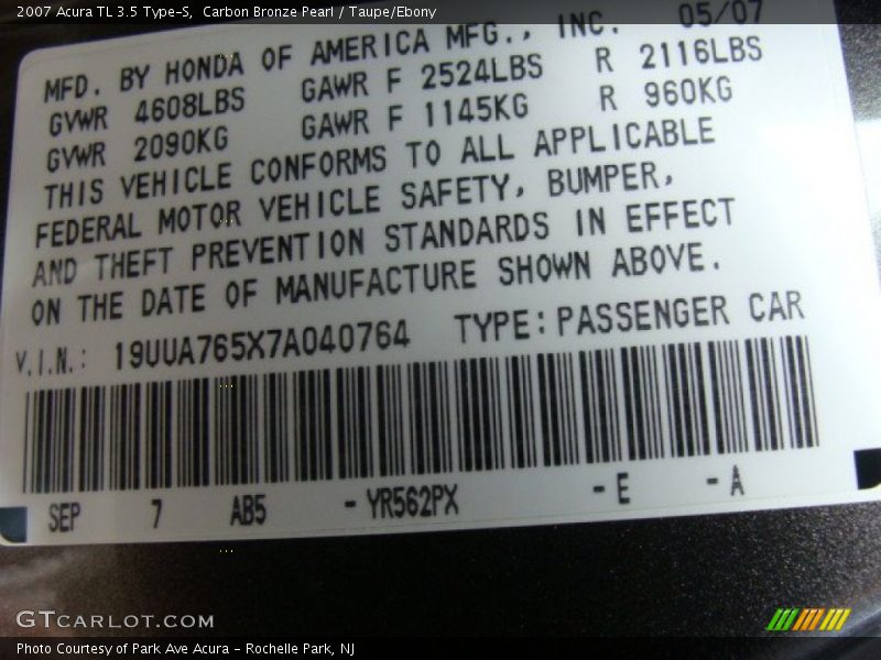 2007 TL 3.5 Type-S Carbon Bronze Pearl Color Code YR562PX