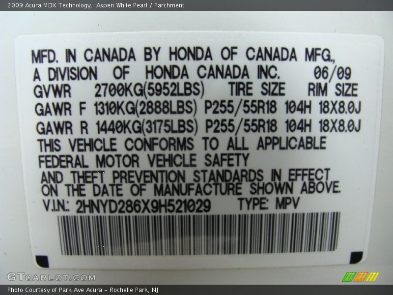 Aspen White Pearl / Parchment 2009 Acura MDX Technology