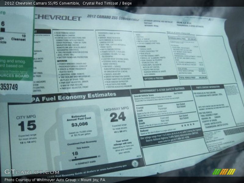  2012 Camaro SS/RS Convertible Window Sticker