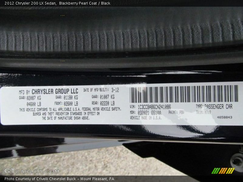 2012 200 LX Sedan Blackberry Pearl Coat Color Code PBV