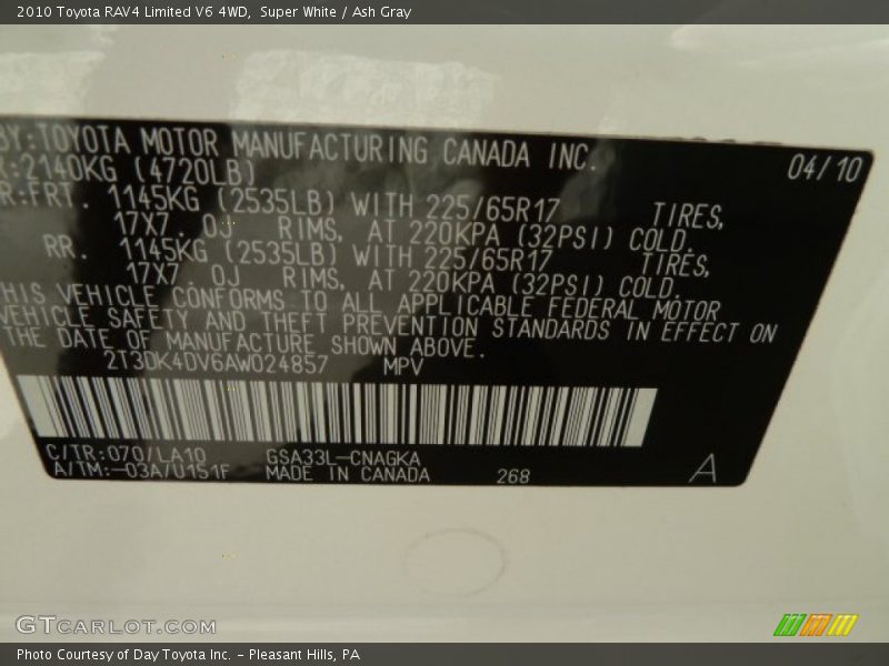 Super White / Ash Gray 2010 Toyota RAV4 Limited V6 4WD