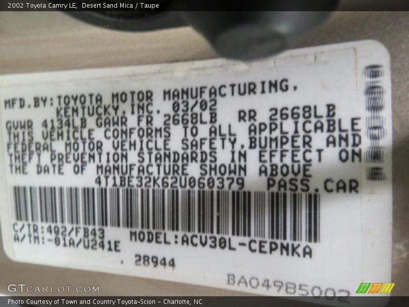 Desert Sand Mica / Taupe 2002 Toyota Camry LE