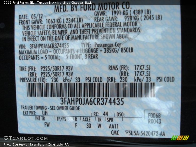 Tuxedo Black Metallic / Charcoal Black 2012 Ford Fusion SEL