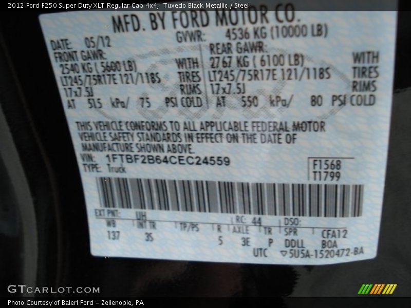 Tuxedo Black Metallic / Steel 2012 Ford F250 Super Duty XLT Regular Cab 4x4