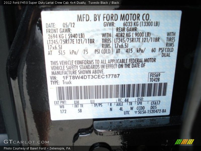 2012 F450 Super Duty Lariat Crew Cab 4x4 Dually Tuxedo Black Color Code UH