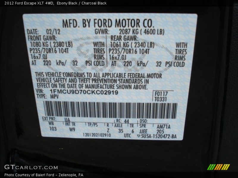 Ebony Black / Charcoal Black 2012 Ford Escape XLT 4WD