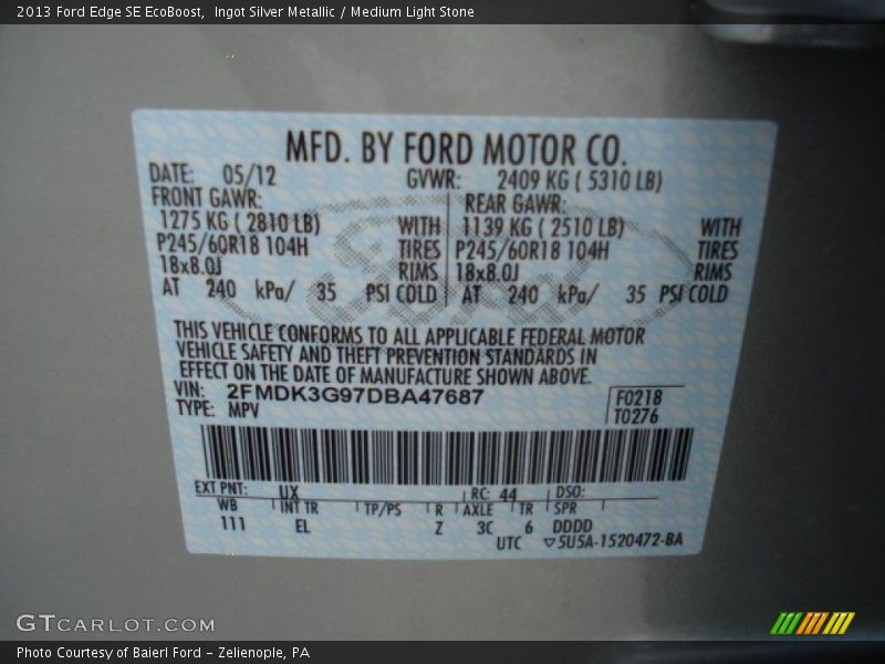 2013 Edge SE EcoBoost Ingot Silver Metallic Color Code UX