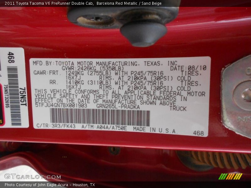 2011 Tacoma V6 PreRunner Double Cab Barcelona Red Metallic Color Code 3R3