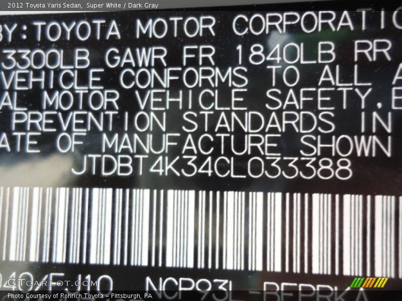 Super White / Dark Gray 2012 Toyota Yaris Sedan