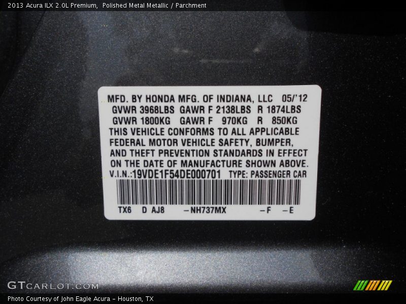 2013 ILX 2.0L Premium Polished Metal Metallic Color Code NH737MX