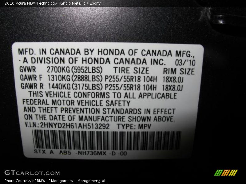 Grigio Metallic / Ebony 2010 Acura MDX Technology