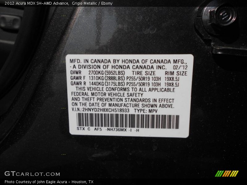 2012 MDX SH-AWD Advance Grigio Metallic Color Code NH736MX