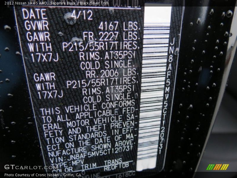 Sapphire Black / Black/Silver Trim 2012 Nissan Juke S AWD