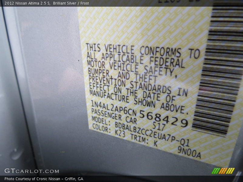 Brilliant Silver / Frost 2012 Nissan Altima 2.5 S