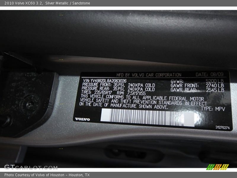 Silver Metallic / Sandstone 2010 Volvo XC60 3.2