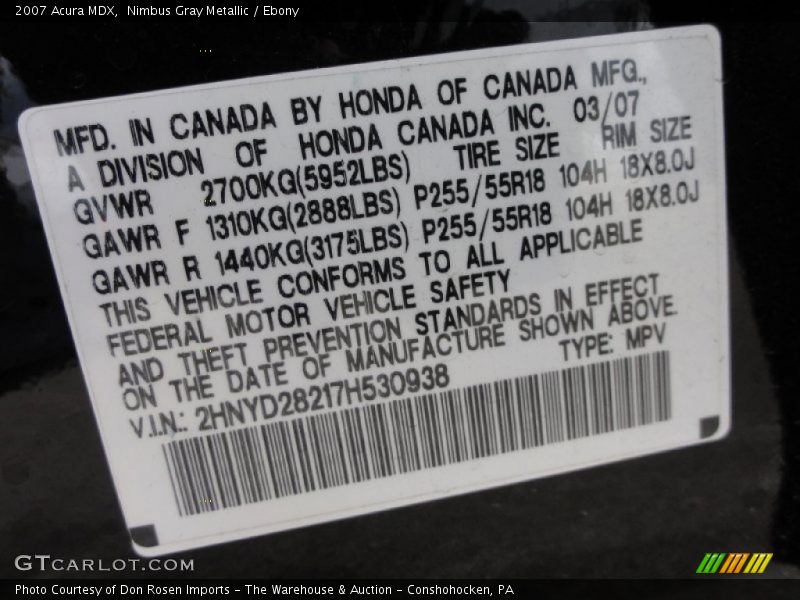 Nimbus Gray Metallic / Ebony 2007 Acura MDX