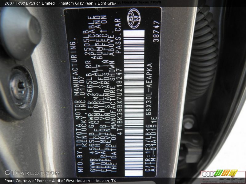 Phantom Gray Pearl / Light Gray 2007 Toyota Avalon Limited