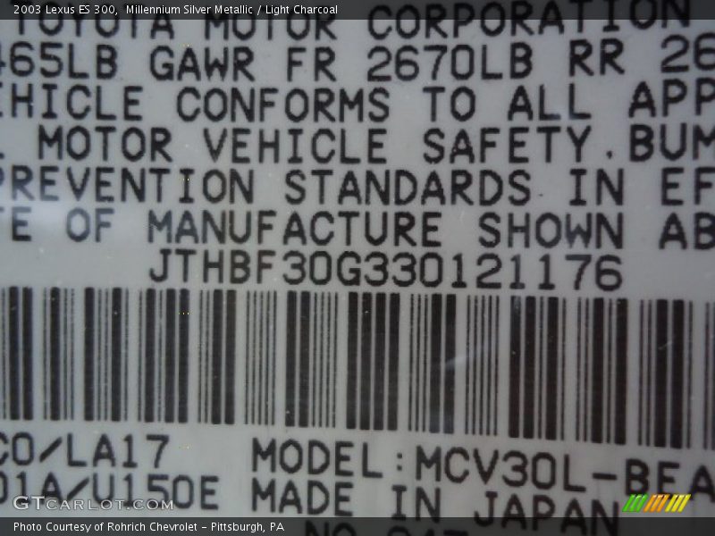 Millennium Silver Metallic / Light Charcoal 2003 Lexus ES 300