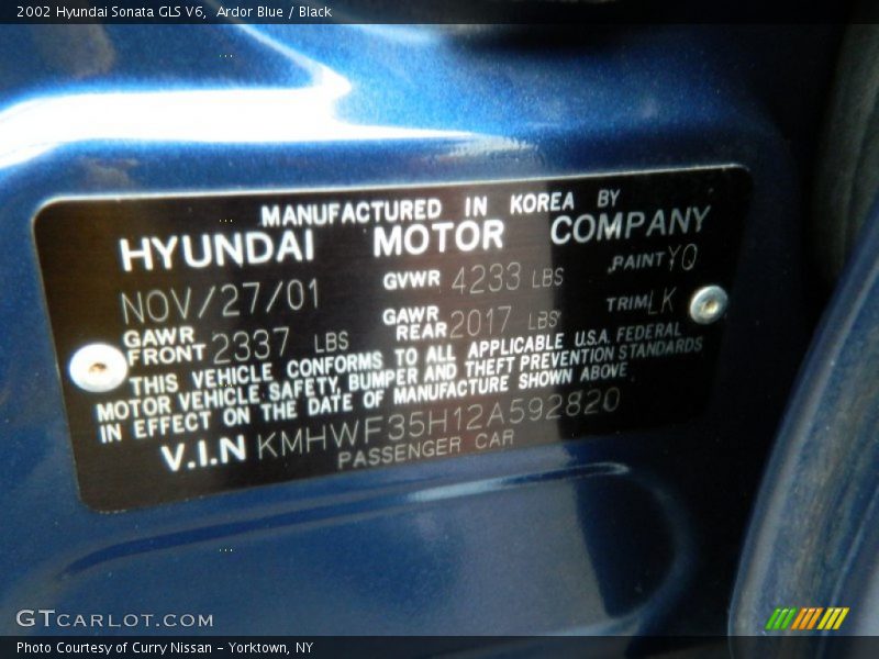 Ardor Blue / Black 2002 Hyundai Sonata GLS V6