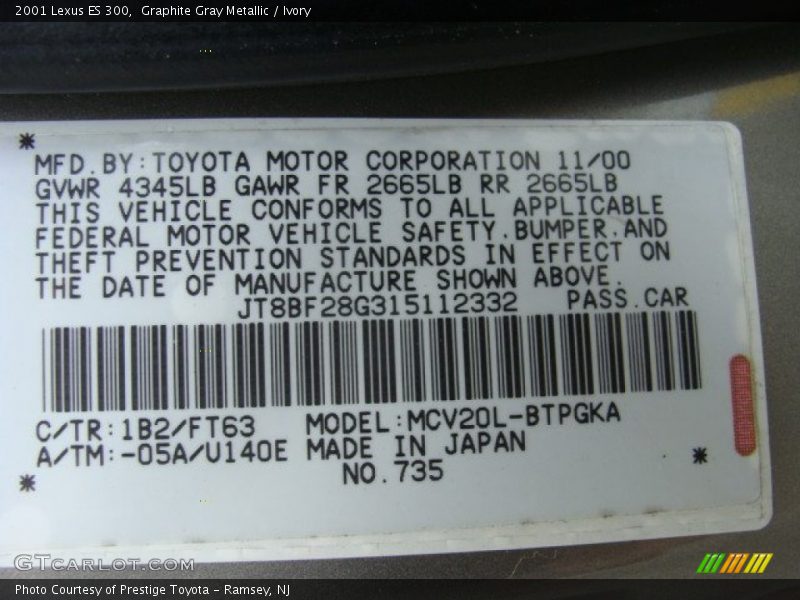 Graphite Gray Metallic / Ivory 2001 Lexus ES 300