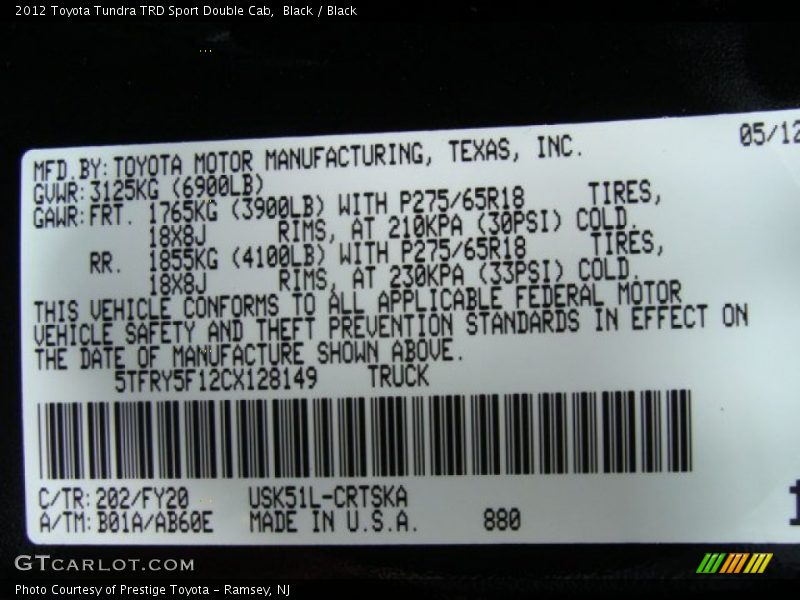 2012 Tundra TRD Sport Double Cab Black Color Code 202