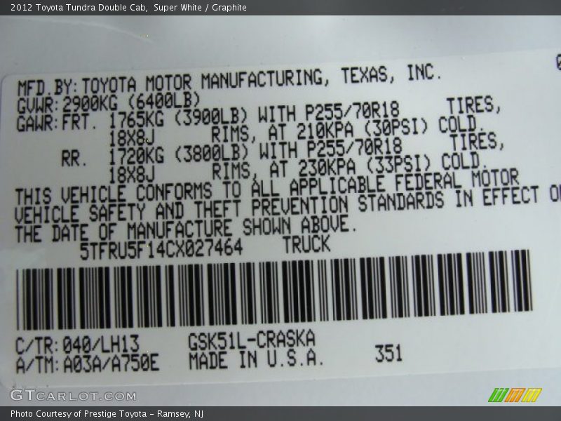Super White / Graphite 2012 Toyota Tundra Double Cab