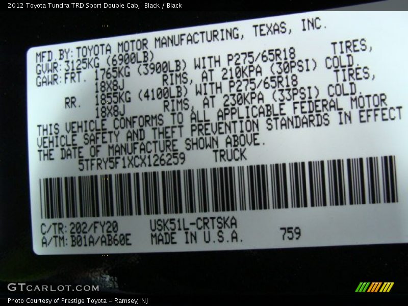 2012 Tundra TRD Sport Double Cab Black Color Code 202