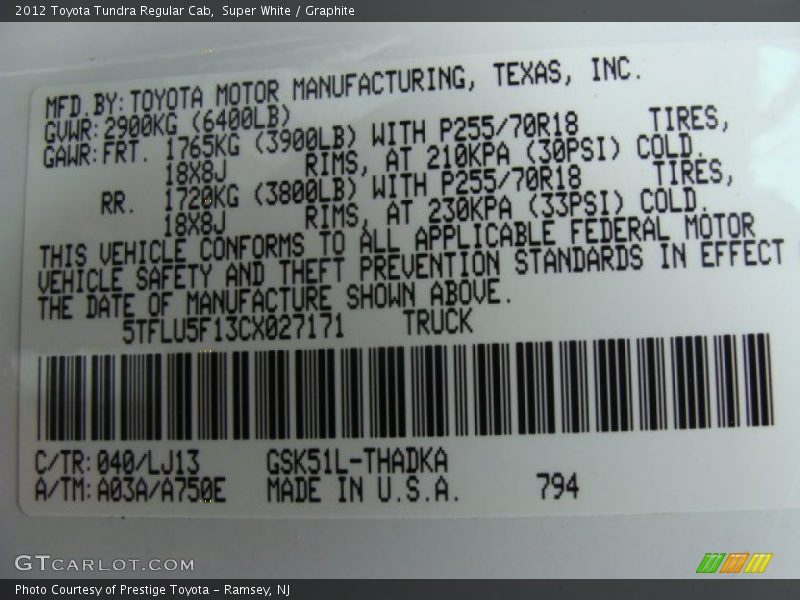 2012 Tundra Regular Cab Super White Color Code 040
