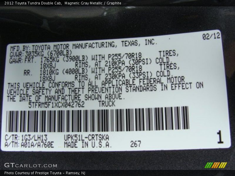 Magnetic Gray Metallic / Graphite 2012 Toyota Tundra Double Cab