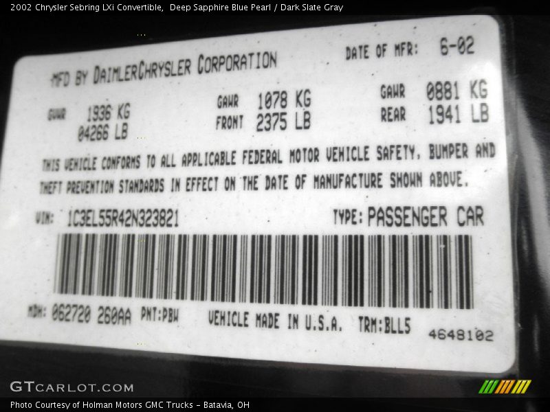 2002 Sebring LXi Convertible Deep Sapphire Blue Pearl Color Code PBW