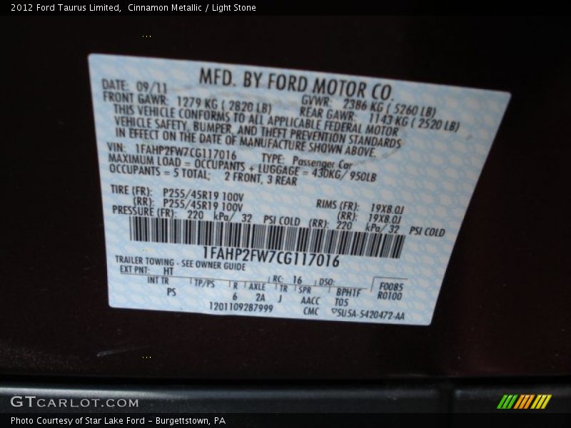 Cinnamon Metallic / Light Stone 2012 Ford Taurus Limited