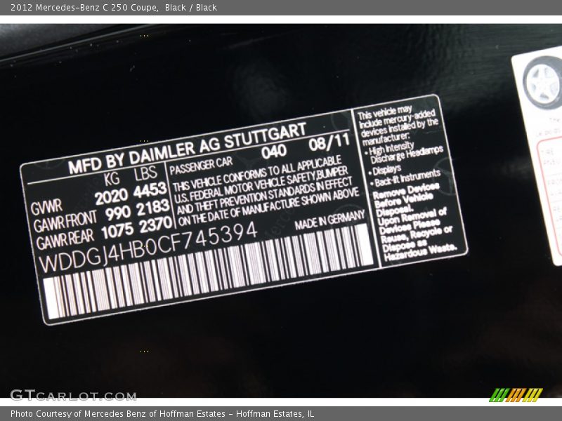 Black / Black 2012 Mercedes-Benz C 250 Coupe