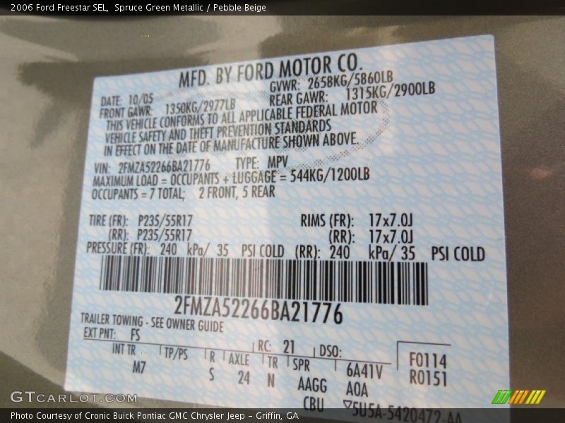 2006 Freestar SEL Spruce Green Metallic Color Code FS