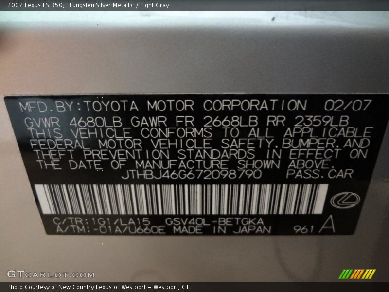 Tungsten Silver Metallic / Light Gray 2007 Lexus ES 350
