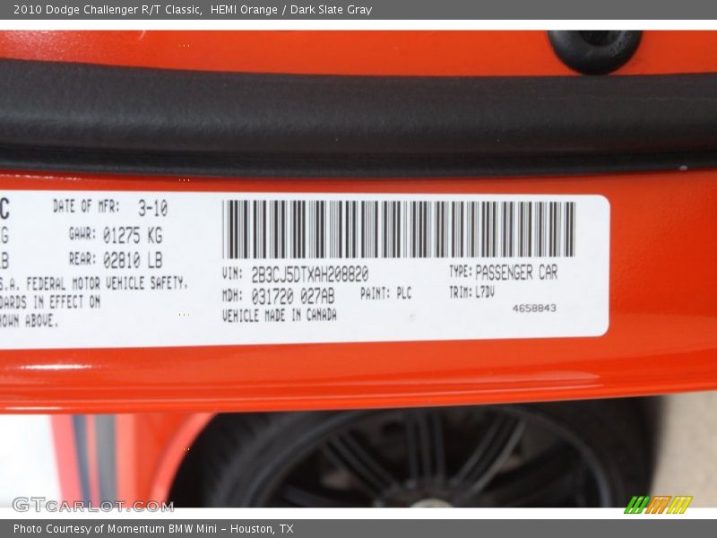 2010 Challenger R/T Classic HEMI Orange Color Code PLC