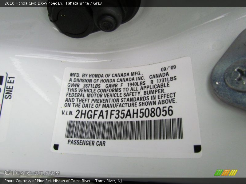 Taffeta White / Gray 2010 Honda Civic DX-VP Sedan