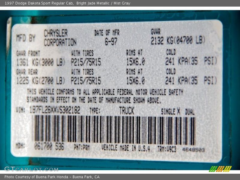 1997 Dakota Sport Regular Cab Bright Jade Metallic Color Code PQM