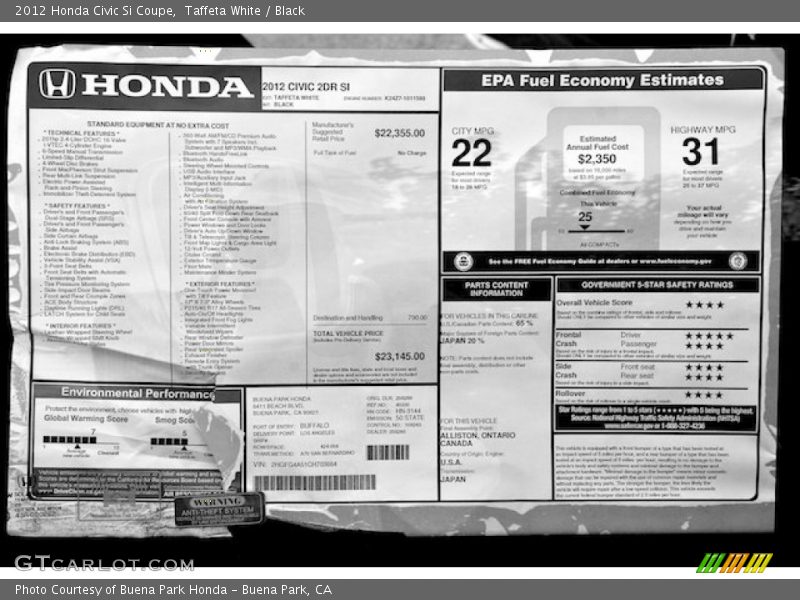  2012 Civic Si Coupe Window Sticker