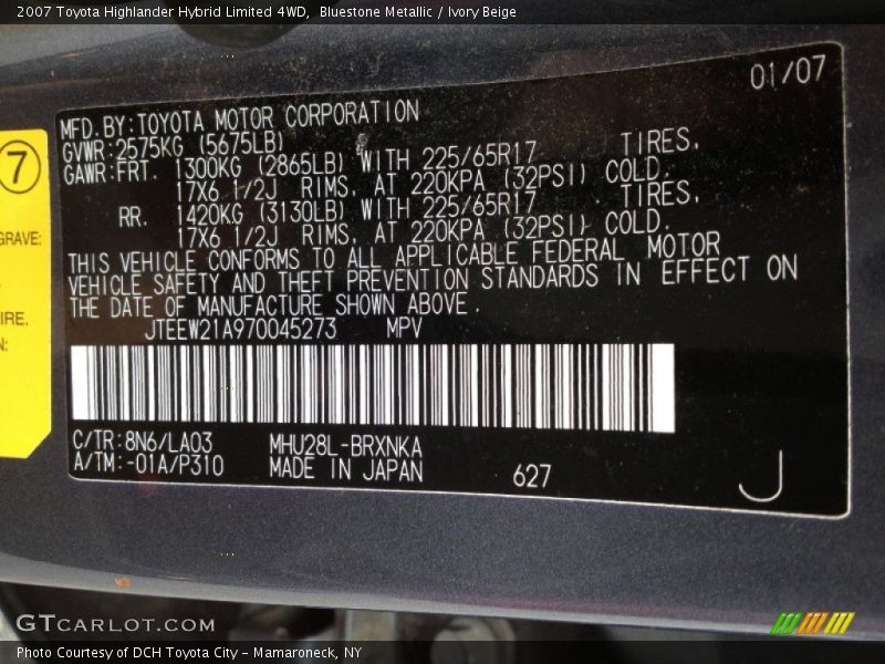 Bluestone Metallic / Ivory Beige 2007 Toyota Highlander Hybrid Limited 4WD