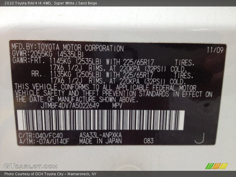Super White / Sand Beige 2010 Toyota RAV4 I4 4WD