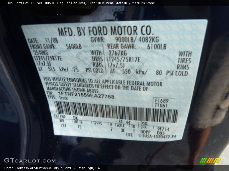 2009 F250 Super Duty XL Regular Cab 4x4 Dark Blue Pearl Metallic Color Code DX