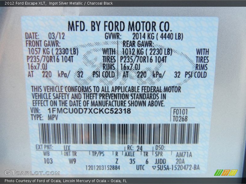 Ingot Silver Metallic / Charcoal Black 2012 Ford Escape XLT