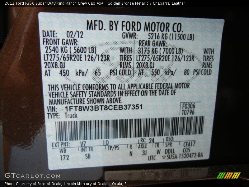 2012 F350 Super Duty King Ranch Crew Cab 4x4 Golden Bronze Metallic Color Code V7