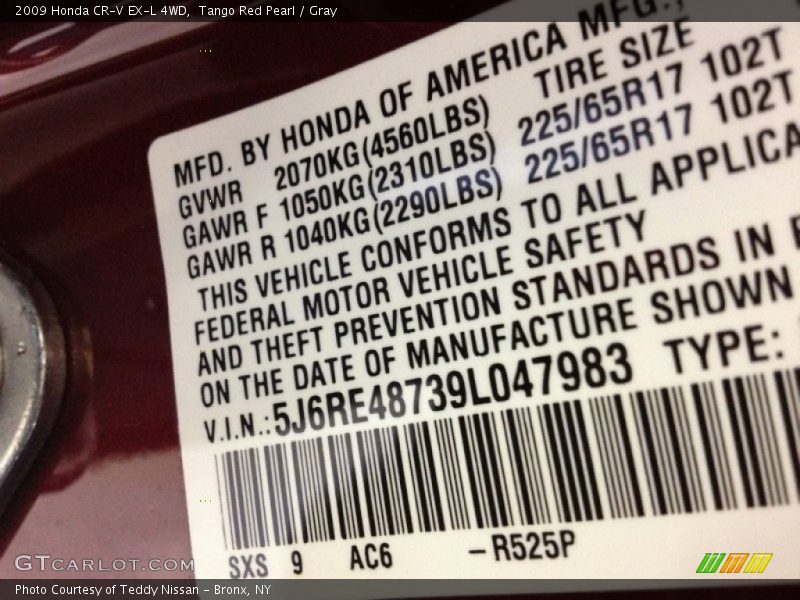 Tango Red Pearl / Gray 2009 Honda CR-V EX-L 4WD