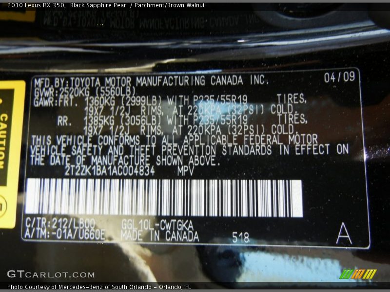 Black Sapphire Pearl / Parchment/Brown Walnut 2010 Lexus RX 350