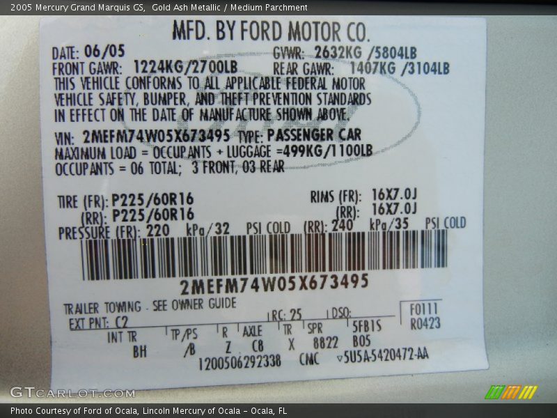 Gold Ash Metallic / Medium Parchment 2005 Mercury Grand Marquis GS