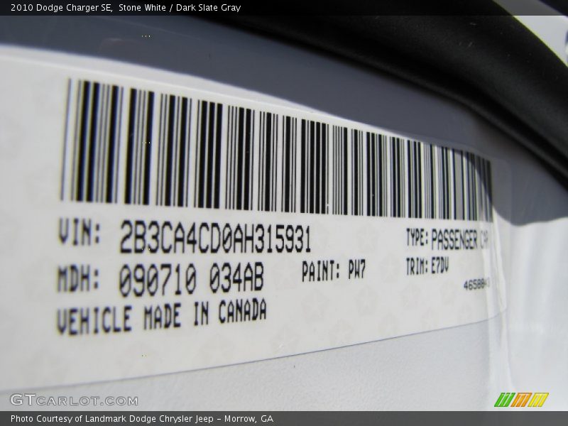 Stone White / Dark Slate Gray 2010 Dodge Charger SE