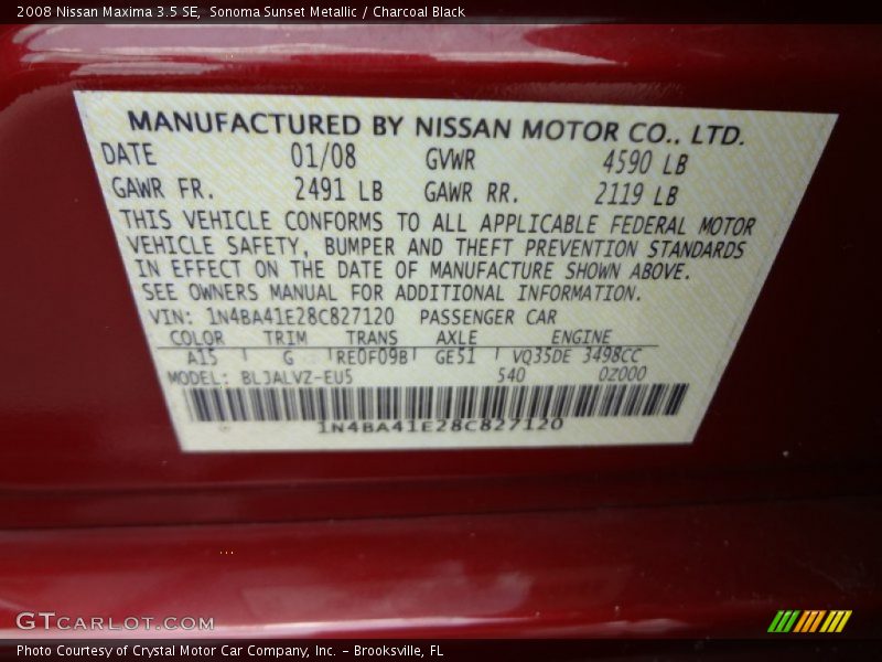 Sonoma Sunset Metallic / Charcoal Black 2008 Nissan Maxima 3.5 SE