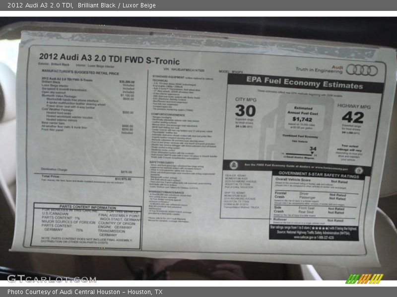  2012 A3 2.0 TDI Window Sticker