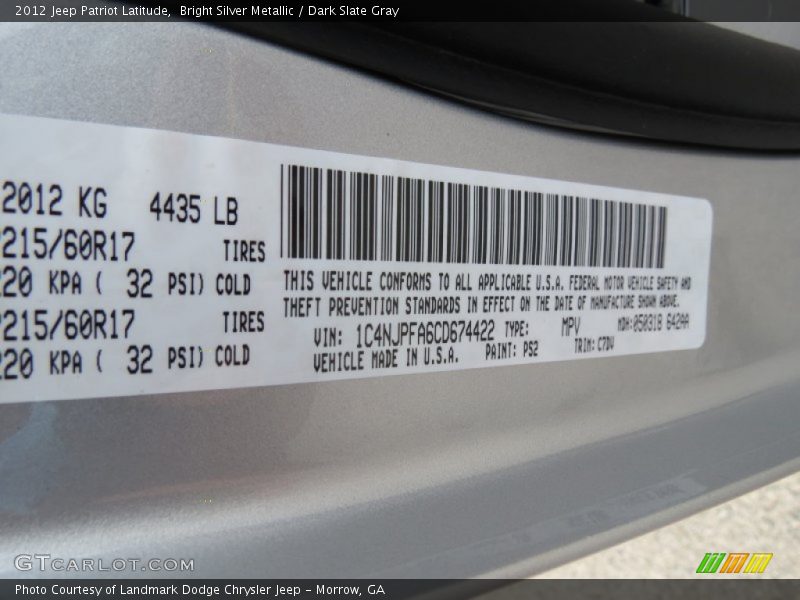 Bright Silver Metallic / Dark Slate Gray 2012 Jeep Patriot Latitude